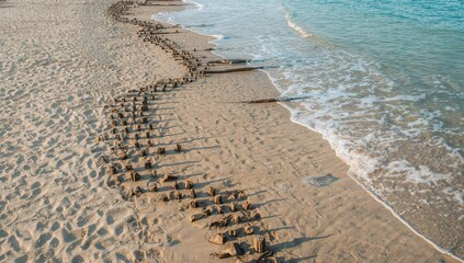 Sandy shore showcasing the remnants of coastal barriers with an abstract pattern and natural textures