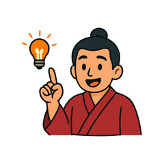 Asian man with bright idea. Traditional man pointing with light bulb. Creative thinker wearing red robe.