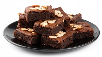Stacked dark chocolate brownies garnished with almond slivers on a black dish with empty space for text. Rich, bittersweet, and fudgy dessert. Brownie is a variety of chocolate cake.