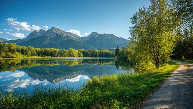 Mountains mirrored on a calm lake in a scenic park