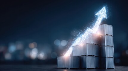 Growing arrow over shipping containers symbolizing logistics and economic growth
