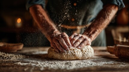 Rustic baking scene with mature caucasian male kneading dough in warm kitchen