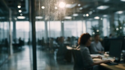 Blurred view of a busy modern open plan office with employees working at computers