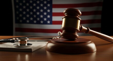 Gavel and stethoscope with american flag symbolizing legal and healthcare intersection