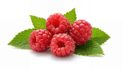 Large ripe raspberries accompanied by green leaves against a white backdrop