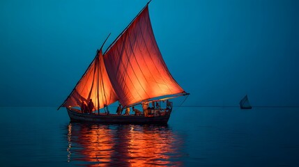 Traditional watercraft illuminated by warm interior lights sails across dark twilight waters