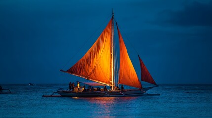 Fototapeta premium Illuminated traditional outrigger sailboat navigates calm water under a dark evening sky