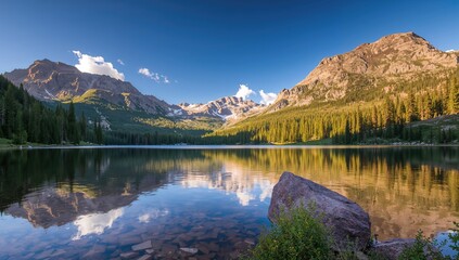 Obraz premium A serene mountain lake surrounded by peaks during summer in a wilderness area