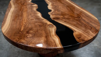 High-end antique furniture featuring a round table with a glossy black epoxy river, expertly coated with resin and varnish for a luxurious wood finish.