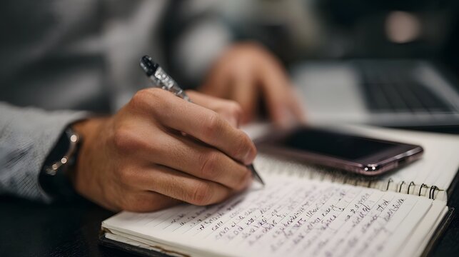 Hand writing notes in a notebook next to a smartphone and blurred laptop during a work session
