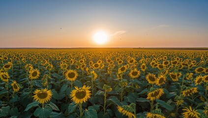 Obraz premium Sunrise over a vast sunflower field seen from above