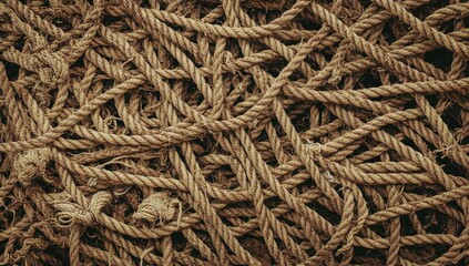 Texture showcasing a coarse and battered net made from thick, frayed ropes