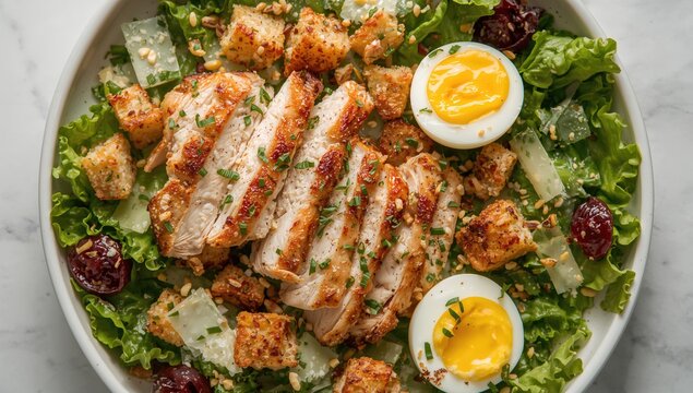 Overhead shot of a grilled chicken Caesar salad featuring boiled egg, crunchy croutons, shaved Parmesan, crisp romaine, and creamy dressing