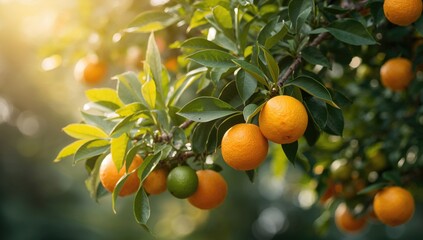 Clusters of ripe citrus fruits dangling from leafy branches against a blurred backdrop