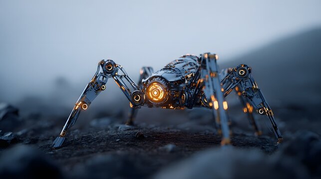 Intricate mechanical arachnid machine glows with warm internal light against a misty backdrop