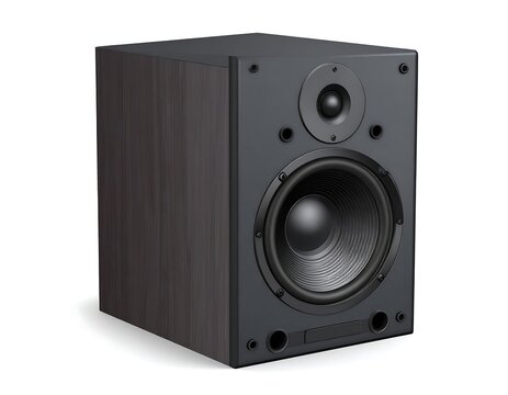 A close-up studio shot of a dark brown wooden speaker system with a large circular woofer