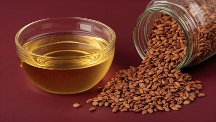 Red Surface Displaying Jar of Seeds and Glass Container of Flax Oil