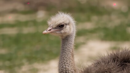 A young ostrich chick attentively explores its environment.