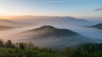 Obraz premium Gorgeous dawn breaking through misty mountain peaks in Eastern Europe