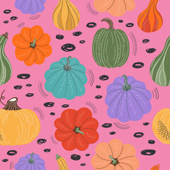 Seamless pattern For the autumn season. Modern Modern Trendy pumpkin design with colorful hand-painted. Vector background for posts, postcards, covers