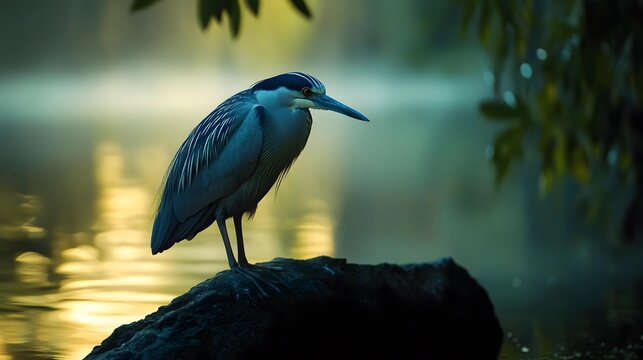 Grey heron bird perched on a dark rock by the water at dawn wildlife nature photo