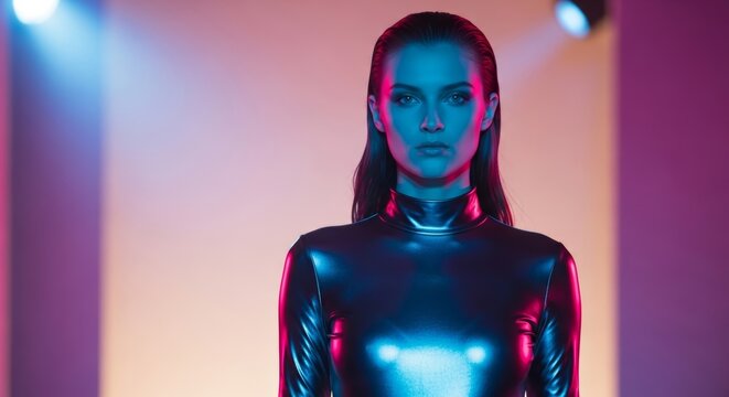 Futuristic neon portrait asian female model in metallic outfit with dramatic lighting