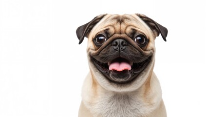 Joyful small pug dog on a plain white backdrop, cheerful, smiling, animal portrait, adorable face