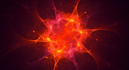 Fiery, swirling starburst of red and orange hues with tiny particles, radiating energy