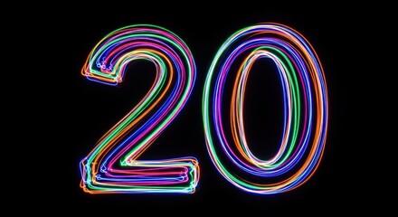 Vibrant number twenty created with dynamic multicolored light trails against a dark background, symbolizing a significant milestone, anniversary, or celebration with a modern, glowing abstract effect