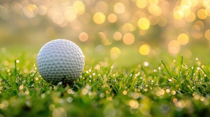 Close-up of golf ball on tee before hit, soft morning light, dewy grass background.