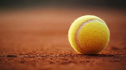 Close-up of tennis ball on clay court after bounce, soft daylight, detailed texture background.