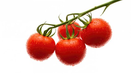 Fresh red cherry tomatoes still on the vine with water droplets against a white backdrop