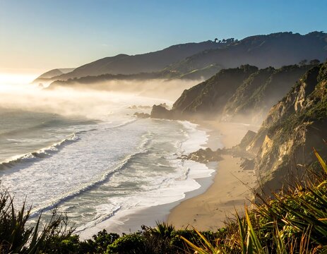 A coastal landscape, featuring a misty shoreline, mountains, and the ocean under a sunset glow