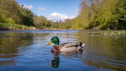 A female Mallard duck gliding through a river