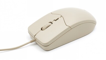 Vintage computer mouse featuring a connector port and dual buttons, utilizing a rubber ball underneath for movement tracking, displayed on a white backdrop