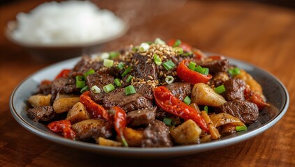 Fototapeta premium SautÃ©ed Beef with Spicy Curly Chilies, Tasty Dish