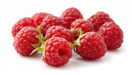 Ripe raspberries on a plain white surface