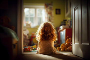 Red-haired girl sitting on the floor of her bedroom, in front of a bright window, surrounded by toys, feeling alone and isolated.