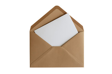 Open brown envelope with blank white paper inside isolated on white background