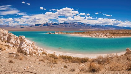 Alkaline and hypersaline lake surrounded by snowy mountains and desert landscape