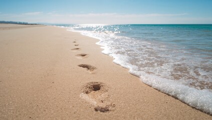 Sandy shore with ocean bubbles and footsteps under sunlight