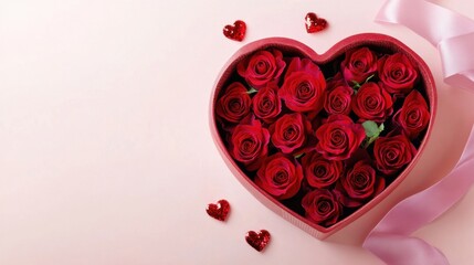 Valentine heart-shaped gift box with red roses and ribbon, soft romantic lighting, pastel pink background.