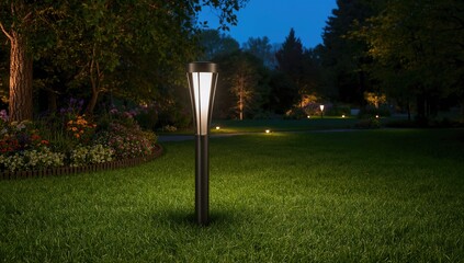 Fototapeta premium Garden lighting with outdoor lamp on lawn during summer