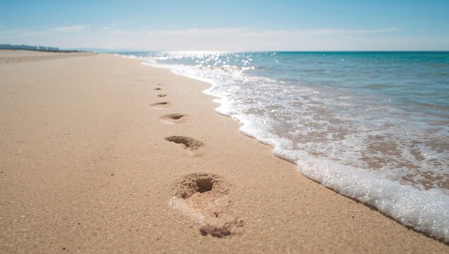 Sandy shore with ocean bubbles and footsteps under sunlight
