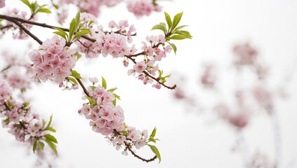 Obraz premium Cherry tree with pink flowers set against a white backdrop