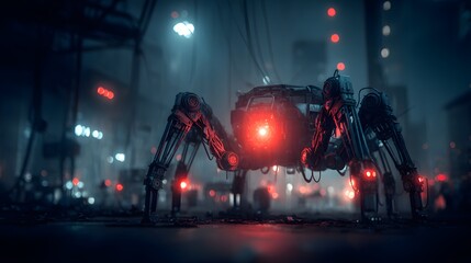 Heavily armored mechanical arachnid patrols dark, fog-shrouded city streets illuminated by neon lights