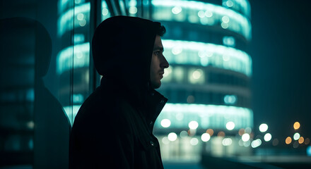 Nighttime Reflections: A Solitary Figure Contemplates Urban Life Amidst the Citys Glow Searching Inner Peace Finding Hope in the Darkness Facing the Future Challenges Ahead