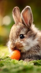 Adorable Fluffy Baby Bunny Enjoying a Fresh Carrot in a Lush Green Natural Setting, Capturing the Innocence and Charm of Wildlife