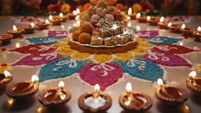 Traditional Indian Diwali celebration with sweets and lit diyas on a colorful rangoli.