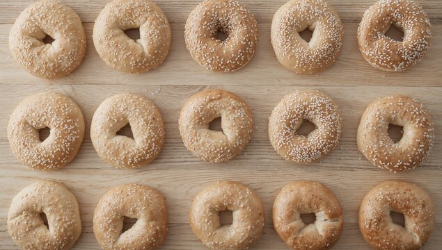 Round Bagels Arranged on a Wooden Surface, Top View